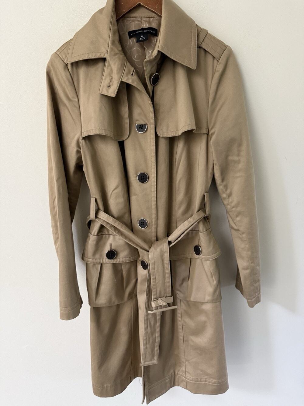 NY & CO Military Trench Co Womens Khaki Tan Size M Double Breasted Classic